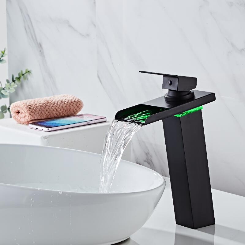 

2021 New Led Waterfall Faucet Black Brass Faucet. Bathroom Deck Mounted Basin Sink Mixer Tap 6y9v