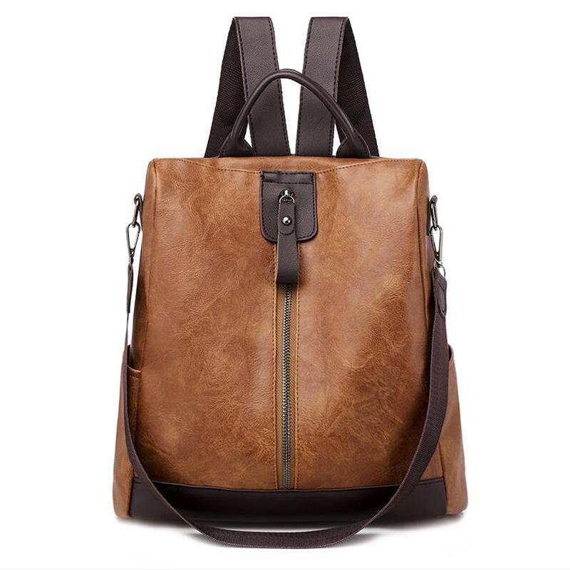 

Backpack 2021 Multifunction Women Leather Large Capacity School Bags For Girls Fashion Female Bagpack Mochila, Brown