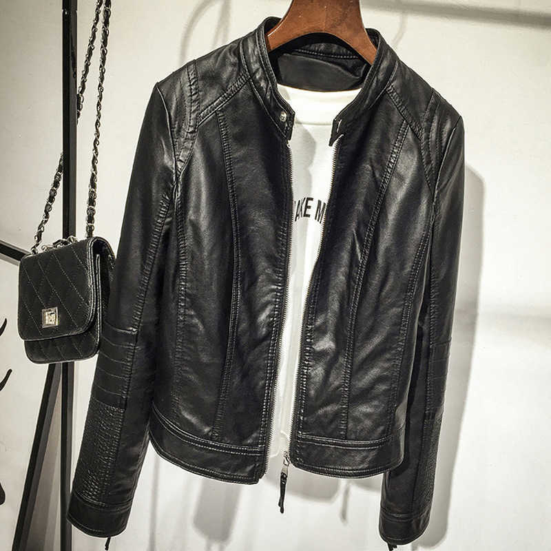 Plus Size Female Leather Jacket Spring Autumn Zipper Long Sleeve Pocket Ladies Coat Fashion Bomber Biker Motorcycle Jacket Women 210909