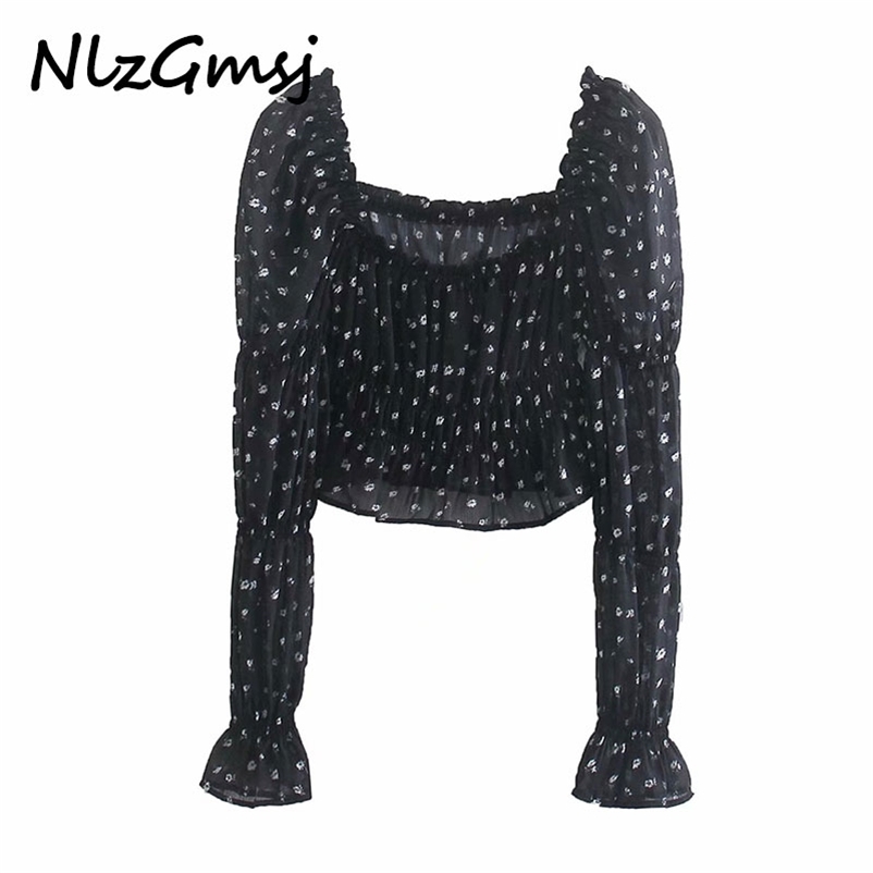 

Blouse Women Sexy Square Collar Elastic Chiffon Short Smock Female Shirt Casual Lady Crop Tops Blusas 03 210628, As picture