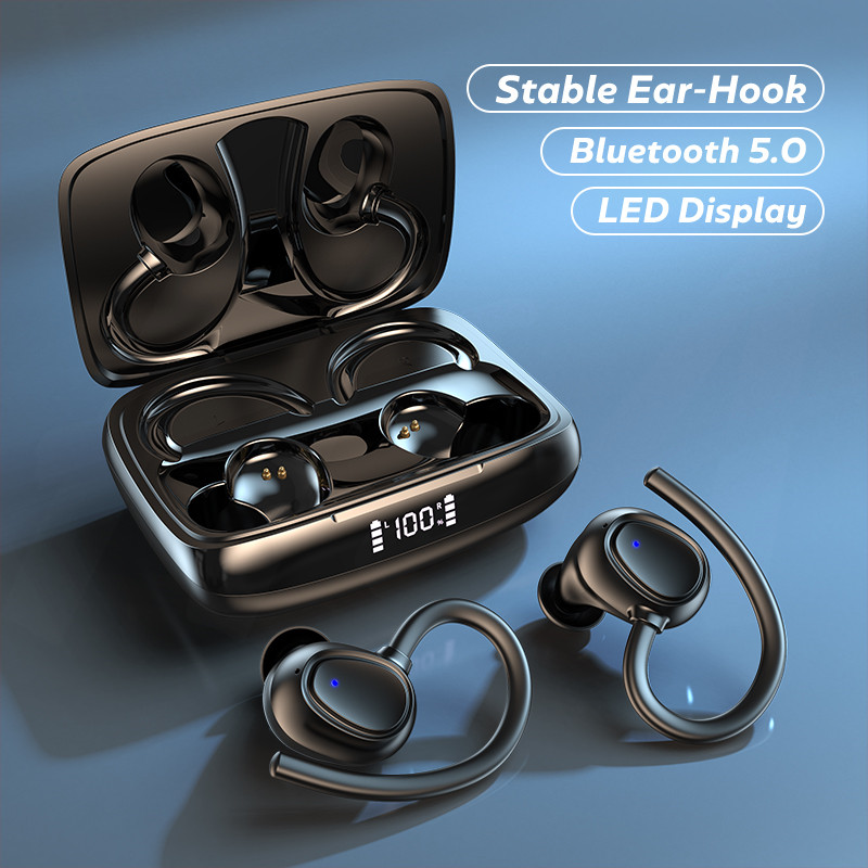 

Bluetooth 5.1 Headphones with Microphone LED Display Earhooks Headsets 9D HiFi Stereo Sound Noise Cancelling Wireless Earphones, Black