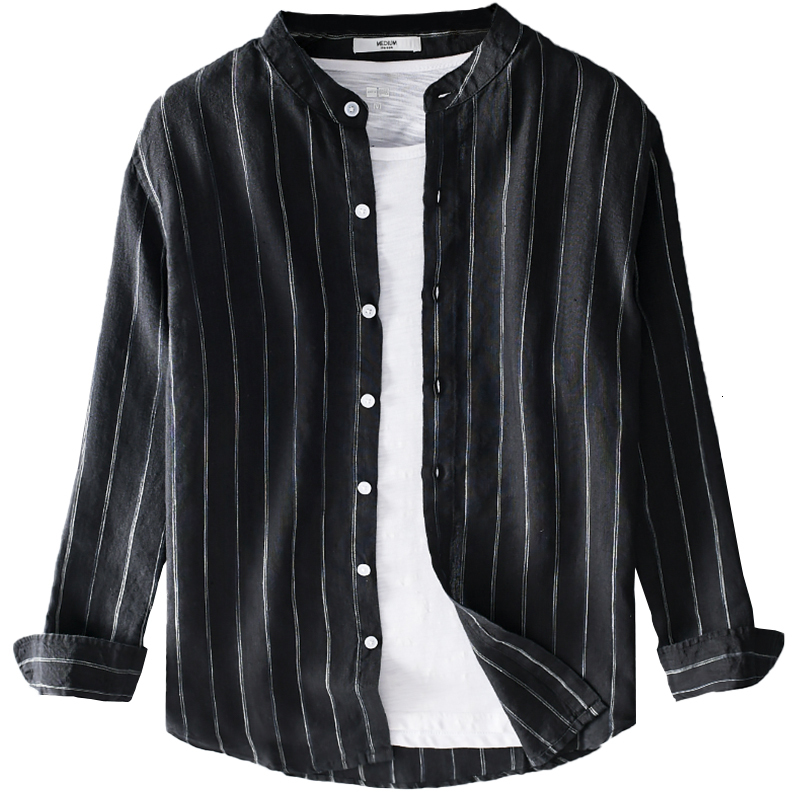 

2021 New Novo Estilo 100% De Linho Listra Marca Casuais Para Homens Moda Gola Preta Camisa Masculina Respirvel Camisas Mgi1, White