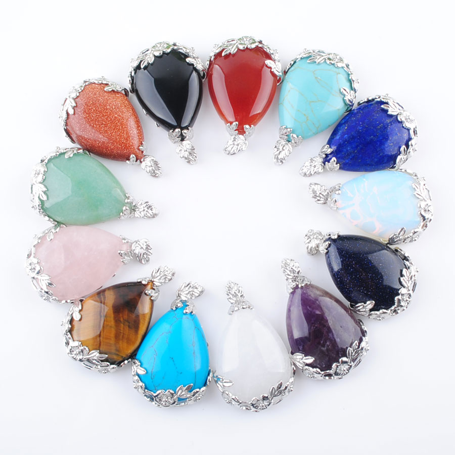 

Wholesale Natural Gemstone Teardrop Pendant Inlaid Metal Flower Water Drop Pink Quartz Lapis Crystal Opal Turquoise Agate Women Men Jewelry DBN350