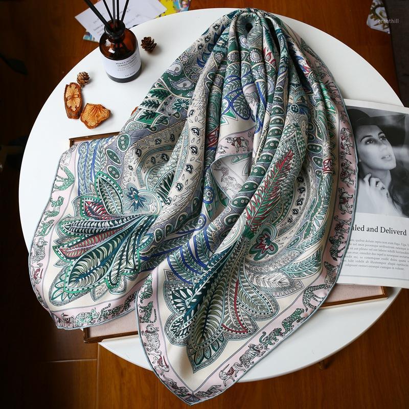 

100% Pure Silk Scarf Square Women Hangzhou Twill Real Wraps For Ladies Print Shawls Foulard Femme Natural Scarves, Blue;gray