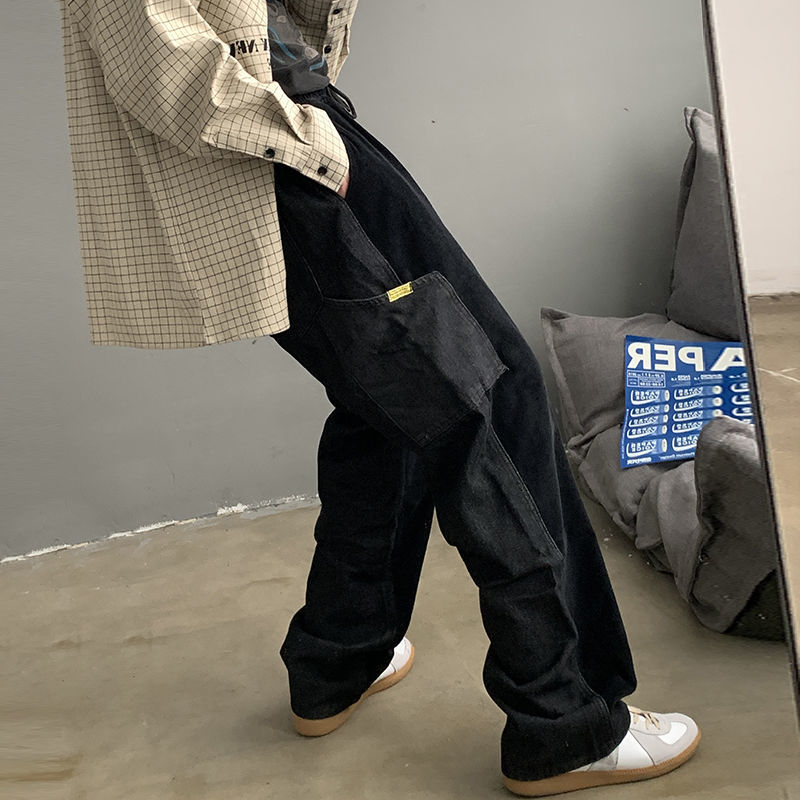 

2021 New Men's Corduroy Stitching Irregular Pocket Denim Trousers Streetwear Sweatpants Military Baggy Cargo Casual Pants M-5xl Lc9g, Black
