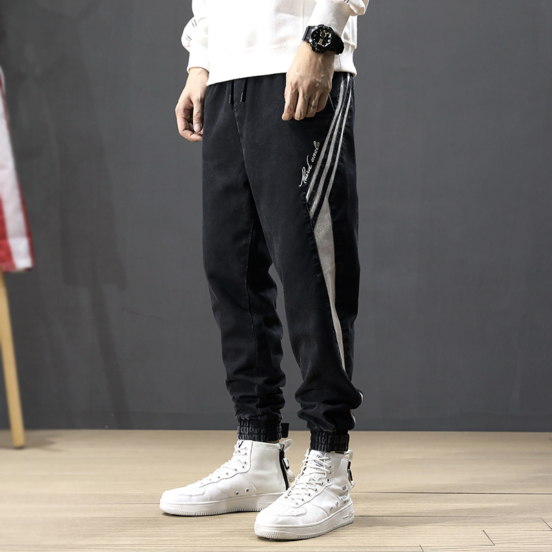 

2021 New Japanese Style Fashion Loose Fit Stripe Spliced Cargo Pants Hombre Harem Streetwear Hip Hop Jeans Men Joggers Tu7m, Black