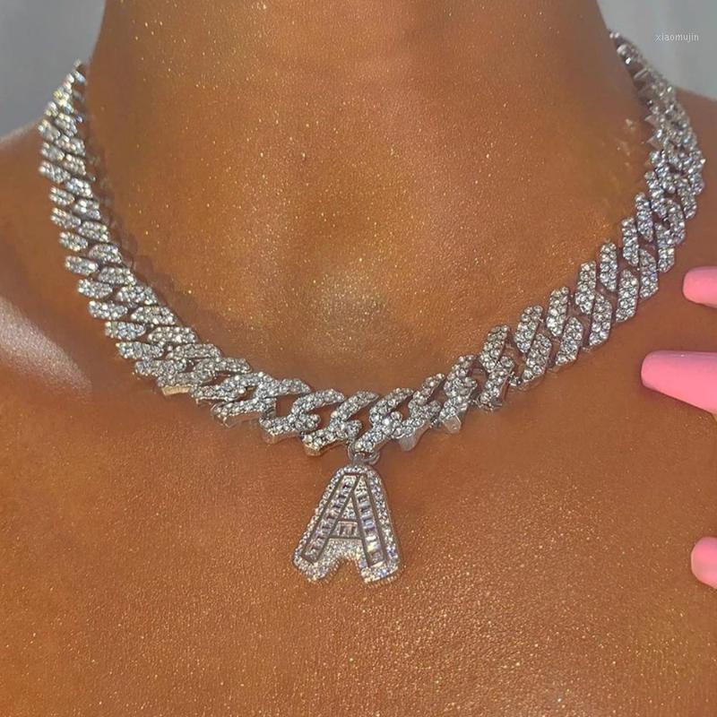 

Chains Fashion Crystal Thick Chunky Initial Letter Pendant Necklace For Women Gold Silver Color Cuban Chain Choker Punk Hip Hop Jewelry