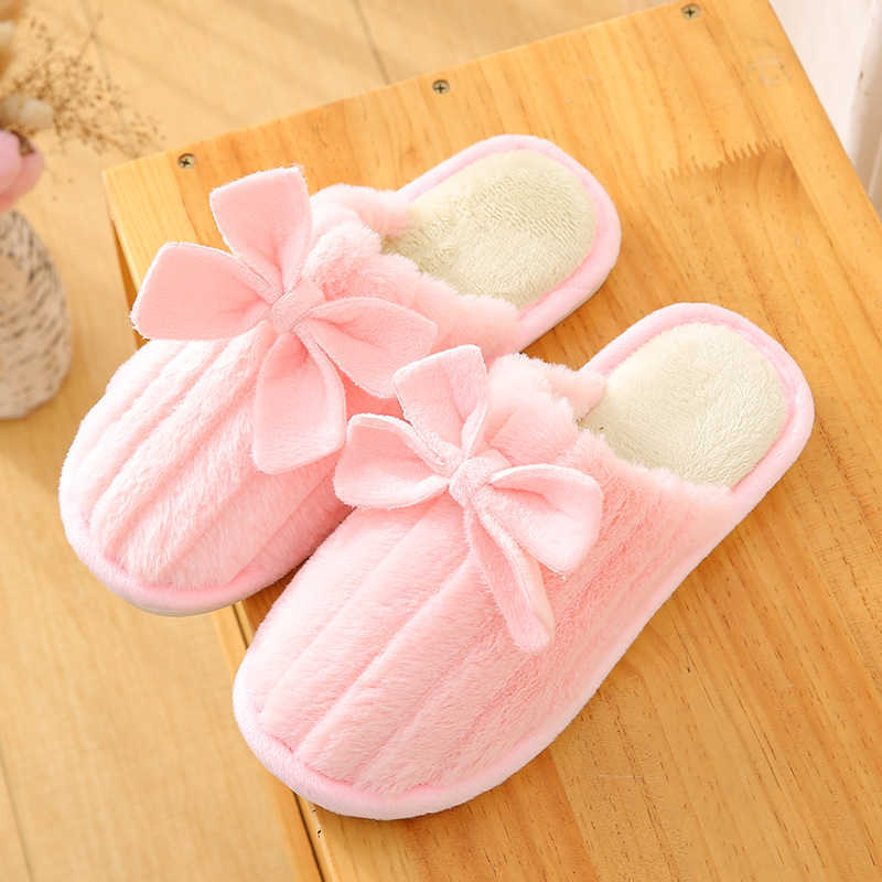 

Women Indoor Slippers Warm Plush Lovers Home House Slipper Cute Bowknot Winter Shoes Woman House Floor Soft Slides Fluffy Cotton H0827