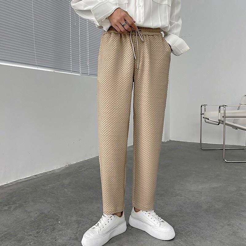 

Men's Pants SYUHGFA 2021 Fashion Casual Man Waffle Straight Trousers Elastic Waist Spring Autumn Korean Design Clothing, Black