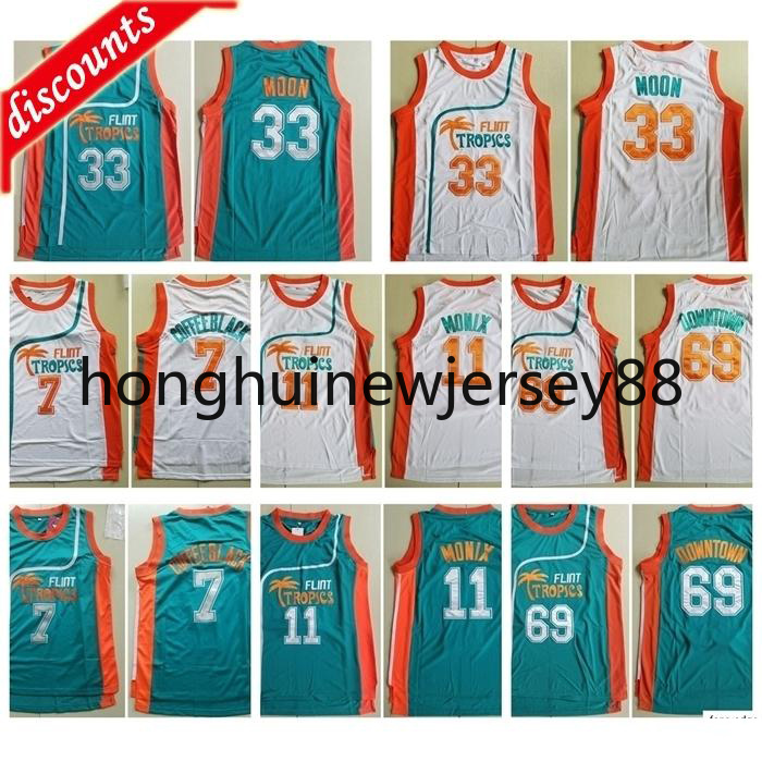 

Men's Flint Tropics Movie Edition #33 Jackie MOON Embroidered 11 ED Monix 7 Coffee Black 69 Downtown Basketball NCAA Jersey