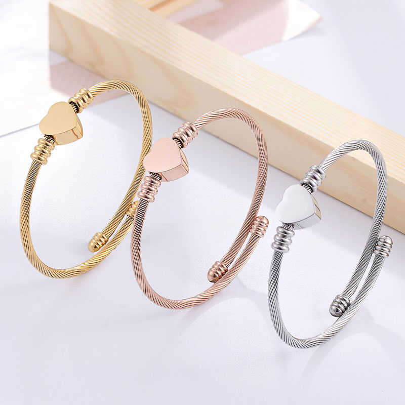 

High Quality Stainless Steel Adjustable Size Women Bangle Heart Charm Bracelet Armbanden Voor Vrouwen Pulsera Para Mujer Q0719