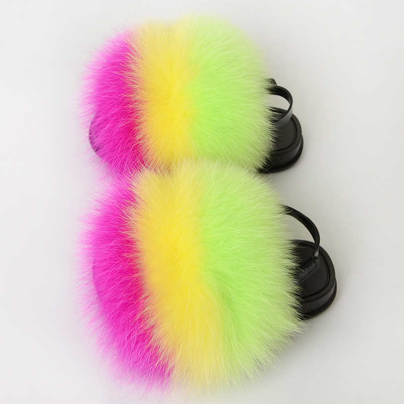 

Girls Summer Slippers With Straps Real Fur Kids Slide Sandals Toddler Girl Flip Flop Fluffy Slippers Children Shoes Cute 2021 Y0529, Black;red