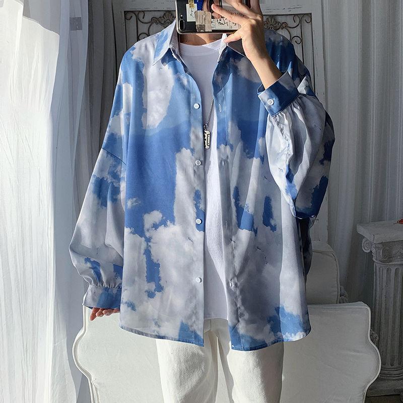 

Men's Casual Shirts Autumn Tie-dye Shirt Fashion Retro Men Streetwear Wild Loose Korean Long-sleeved Mens Dress -2XL, White;black