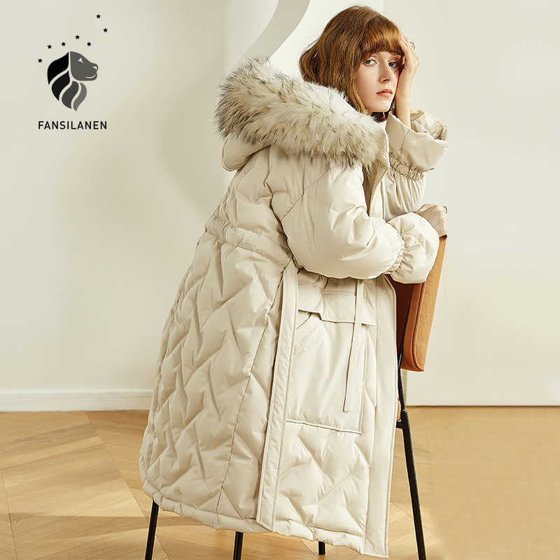 

FANSILANEN Hooded fur long down coat Women belt autumn winter white thermal puffer jacket Female slim wram light parka 210607, Beige