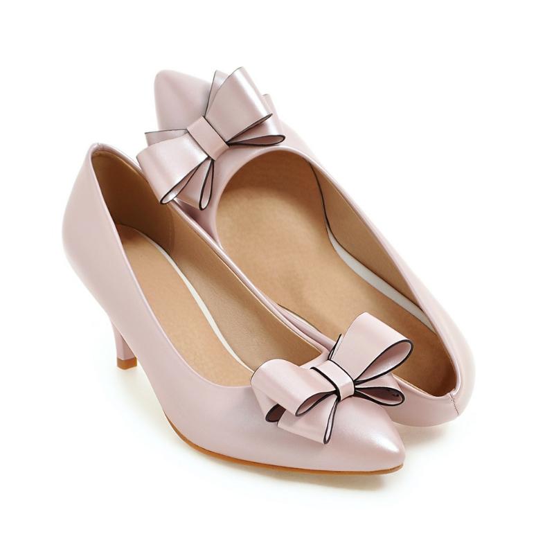 

PQECFS Big size 32-43 high quality spring & autumn women solid sweet butterfly high heels pumps 4 colors, Beige