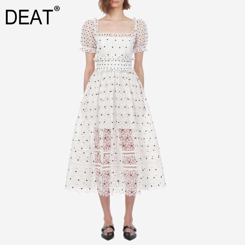 

[DEAT] White Temperament Elegant Women Round Neck High Waist Knee-length Hollow Out Short Sleeve Dress Summer 13C539 210527