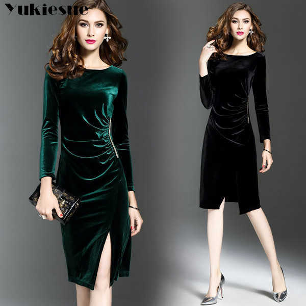 

velvet dress for women bodycon es women' party night skinny slim long sleeve split up sexy club Plus size 210608, Black