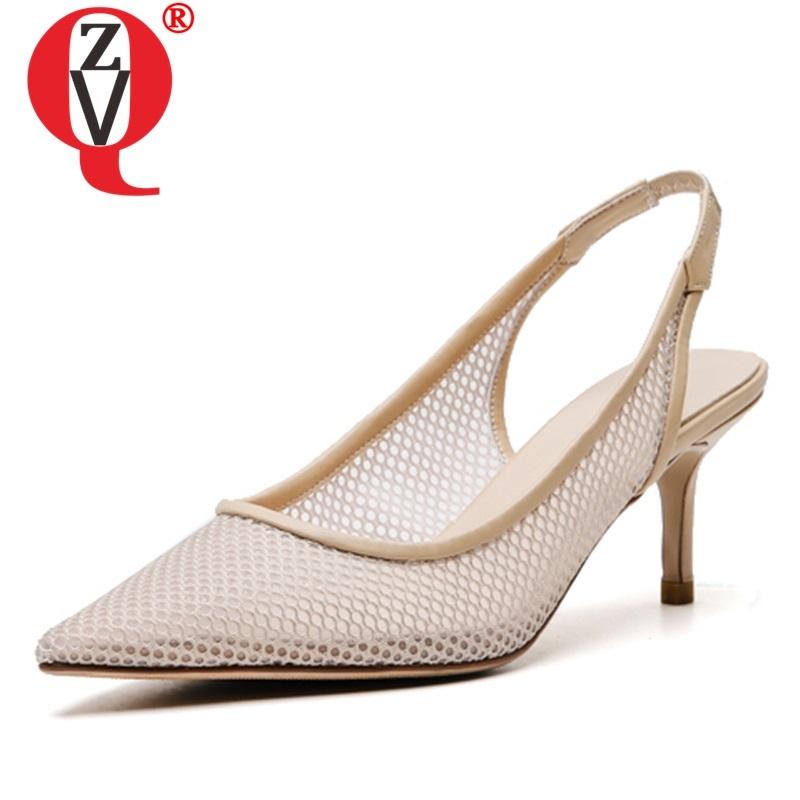 

ZVQ Woman Shoes Summer New Fashion Sexy Pointed Toe Mesh Woman Sandals Outside High Heels slip-on Ladies Shoes Size 33-42, Black
