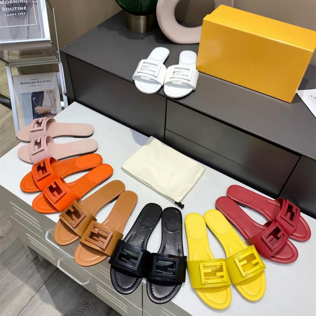 

2021 Designer Leather Women Sandals Summer Flat Slipper Fashion Beach Woman Shoes Rainbow F Letters Slippers Intellectual Lady Besity Bigfoot Big Size35-42, Orange