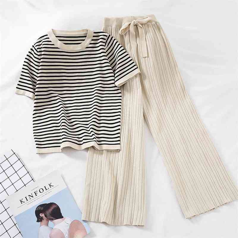 

Women Tracksuit Summer Striped Blouse and Pants 2 Piece Sets Korean Casual Loose Outfits Knitted Suits 210709, Black
