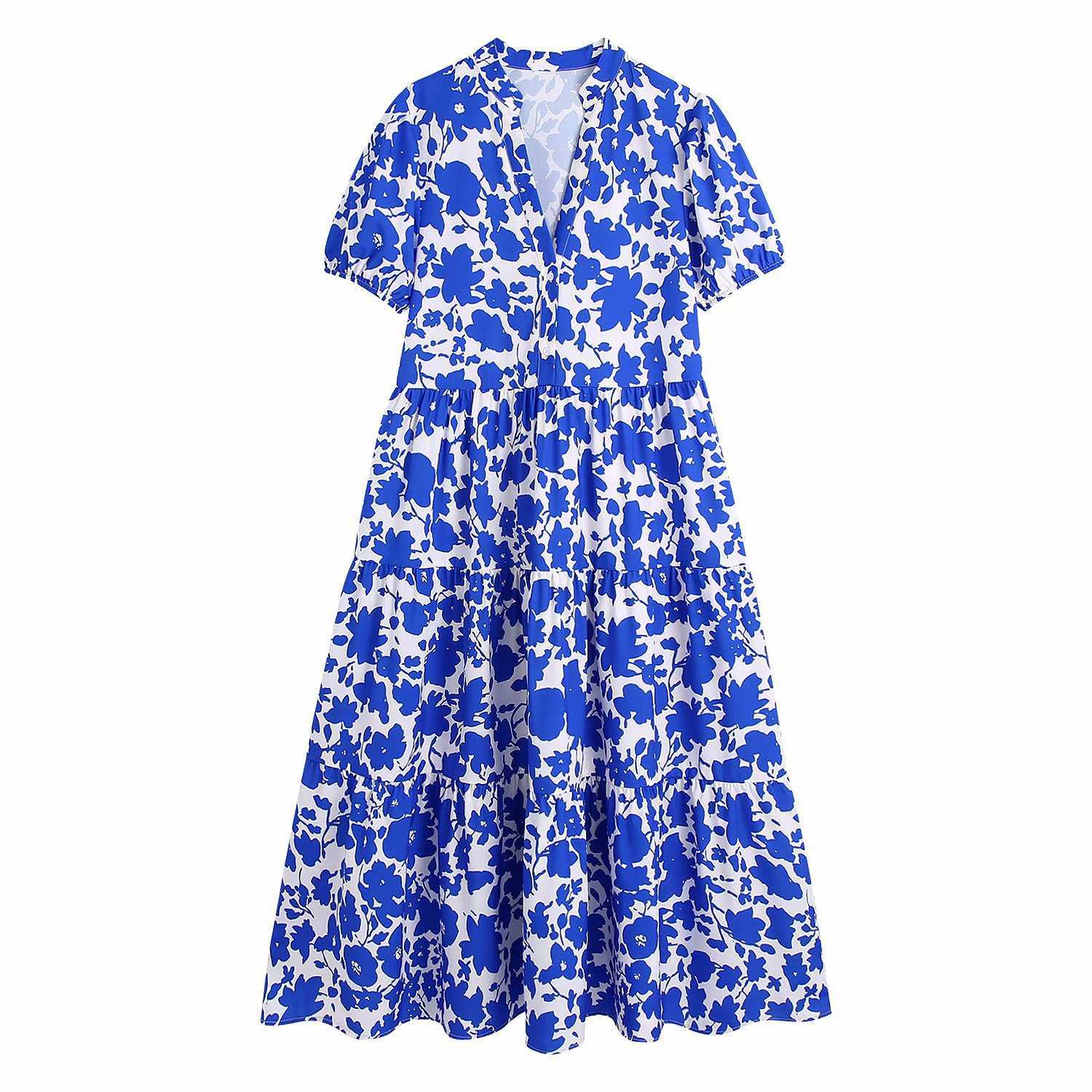 

Summer Floral Blue Dress Women V-neck Short Puff Sleeves Vintage Maxi Shirt Dress Women Robe 210709, Blue printed dress