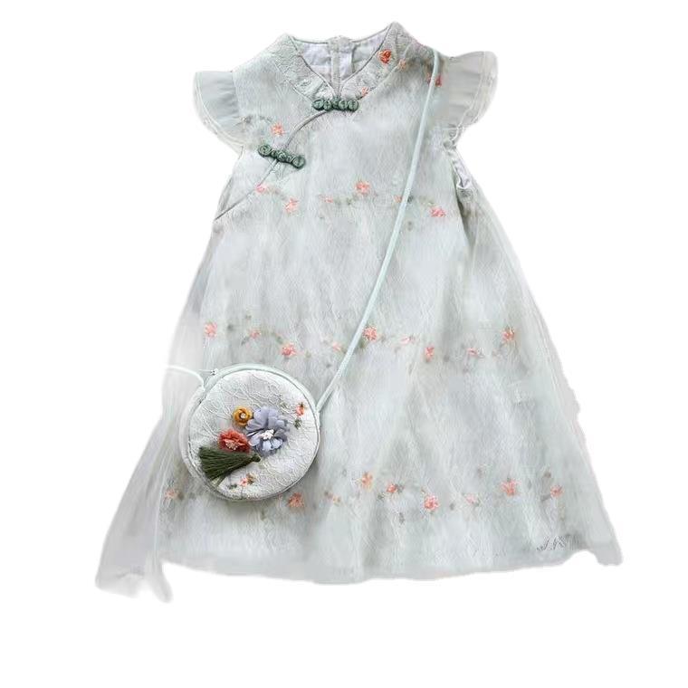 

2021 New Children Dress Flower Girl Dress Girls Cheongsam Skirt Summer Clothes Summer Clothes Baby Princess Skirt Party Dress, Beige