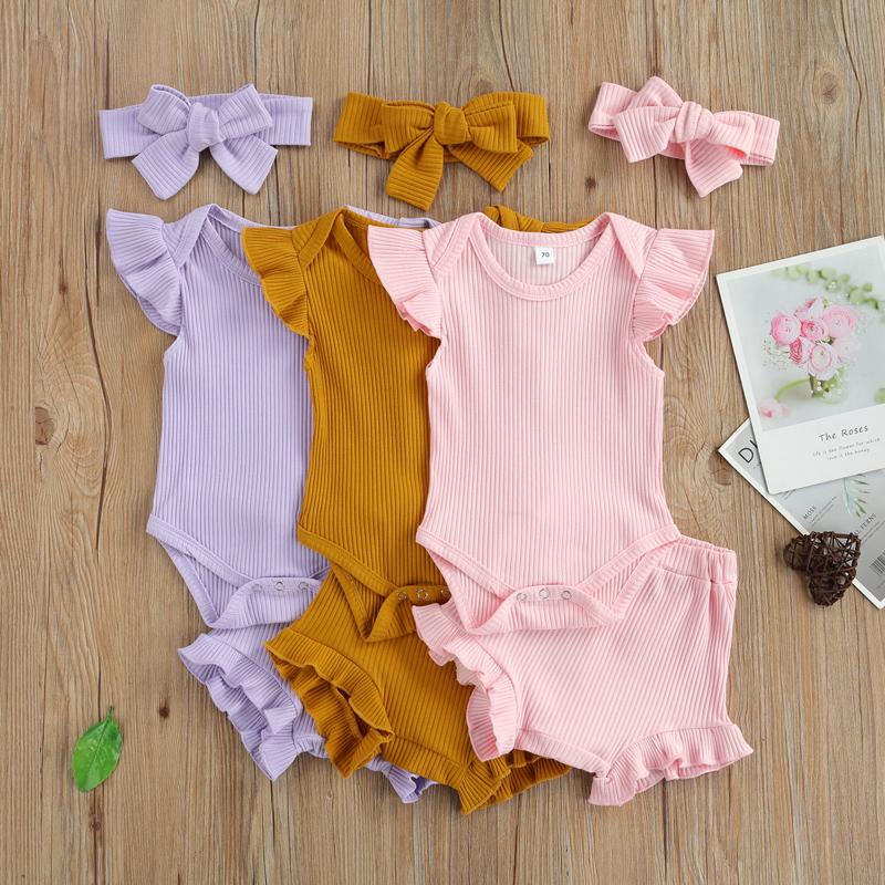 

Clothing Sets Pudcoco 0-18M 3Pcs Summer Baby Girls Ruffles Casual Pink Purple Yellow Bodysuit Leotard Tops+Shorts Pants+Headwear Outfit, White