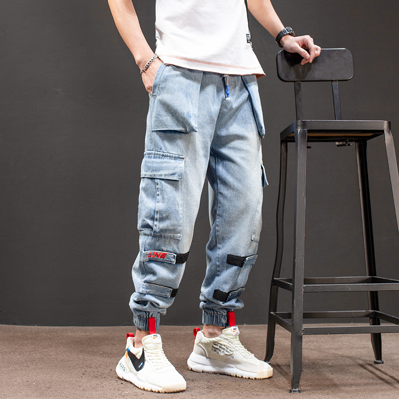 

2021 New Fashion Streetwear Loose Fit Multi Pockets Denim Cargo Japanese Vintage Designer Hip Hop Jeans Men Joggers Pants Qyof, Light blue