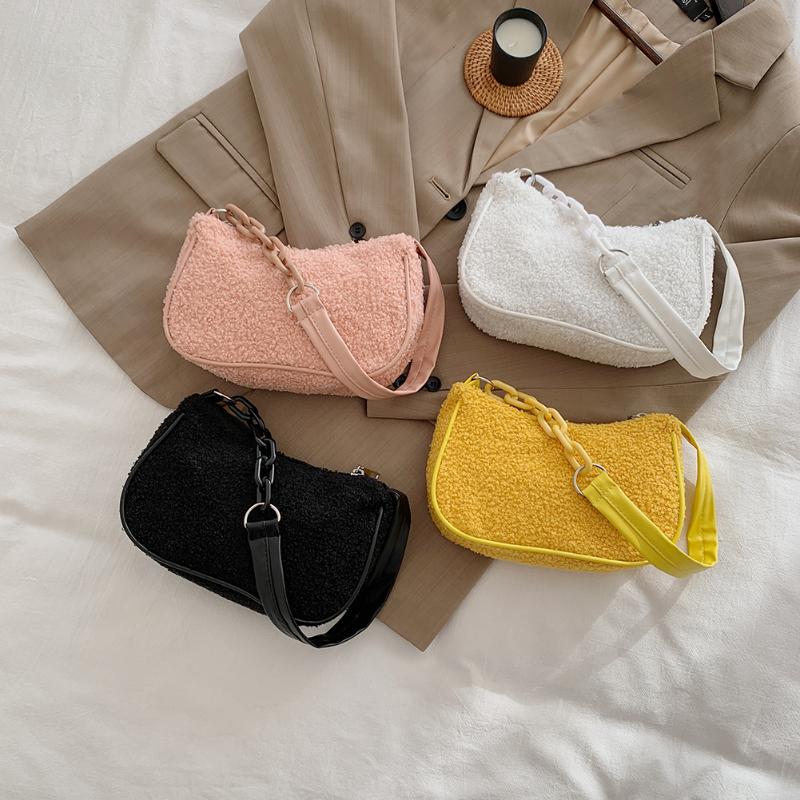 

Autumn Winter Fashion Woollen Square Handbags Totes Women Solid Color Underarm Shoulder Bags Casual Travel Street Clutches Purse, Pink