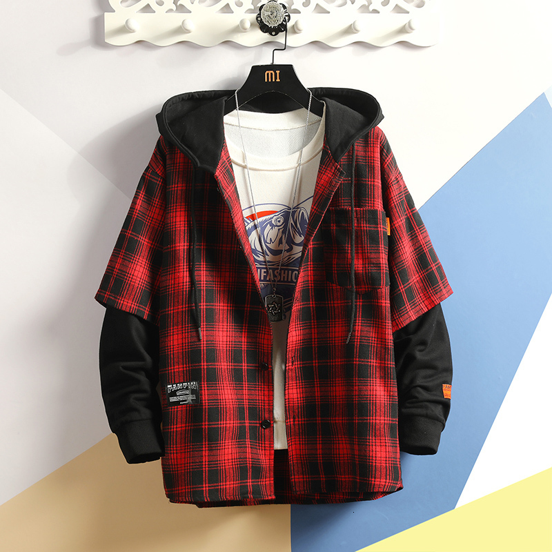 

2021 Casual Brand Jacket Men Hooded Plaid Shirt Shirts Long Sleeves New Autumn Plus Size -5xl 4OHJ, Red