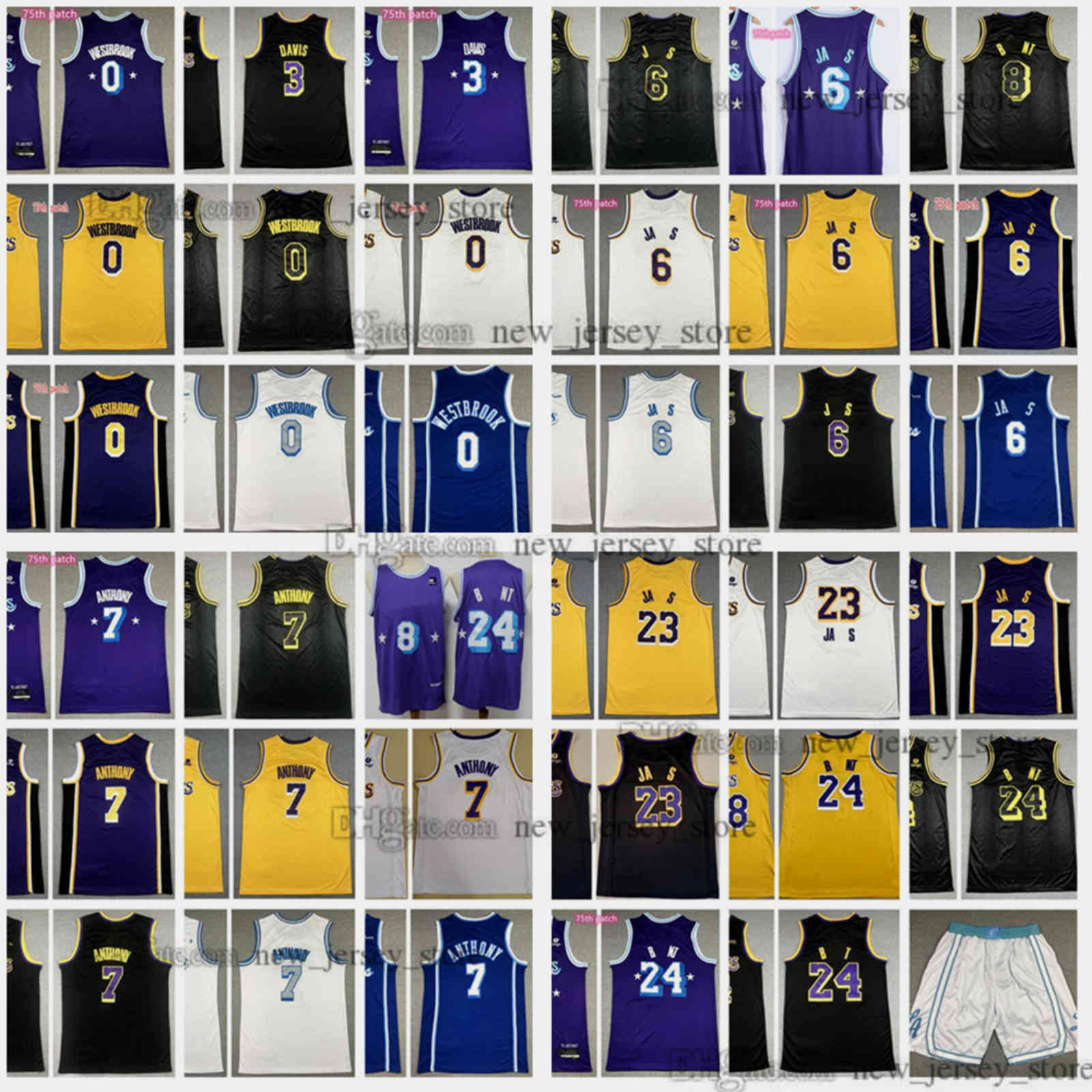 

75th Anniversary 2022 Purple New City Basketball James Jerseys Russell 0 Westbrook Carmelo 7 Anthony 3 Davis Jersey Stitched Quality Yellow White Black Short, As the picture