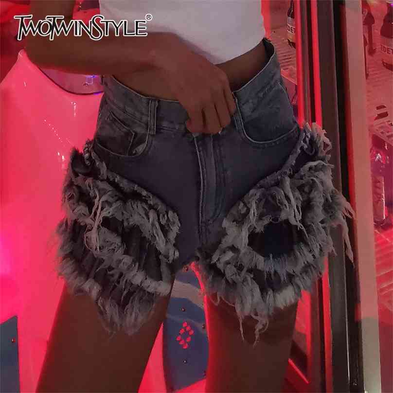 

TWOTWINSTYLE Patchwork Tassel Denim Shorts Women High Waist Pockets Large Size Sexy Female Korean Summer Fashion 210719, Blue