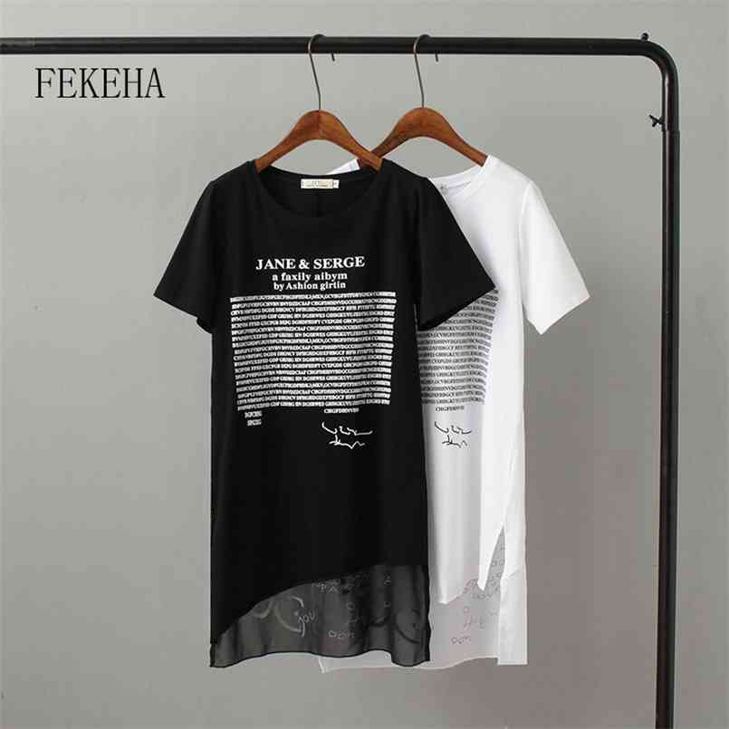 

FEKEHA Summer Long T shirt Women Letter Black White T-shirt Sexy Short Sleeve Thin Cotton Tops Tees Female Tshirt 210708
