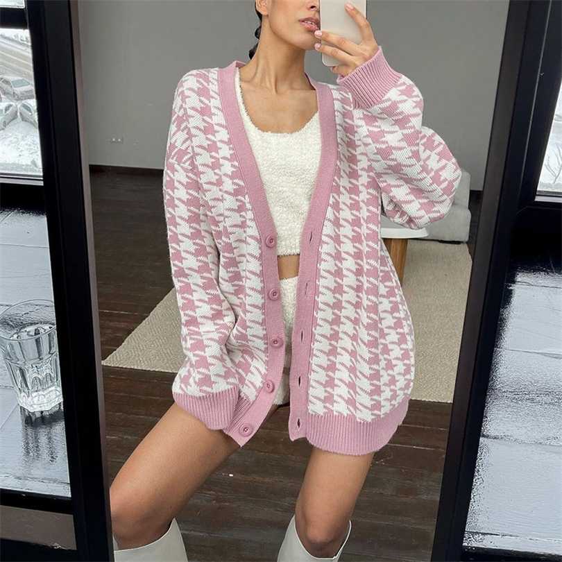 

MEIYANGYOUNG V Neck Knitted Cardigans Sweater Pink Houndstooth Cardigan Long Sleeve Fashion Autumn Oversized Jumper 211018, Black