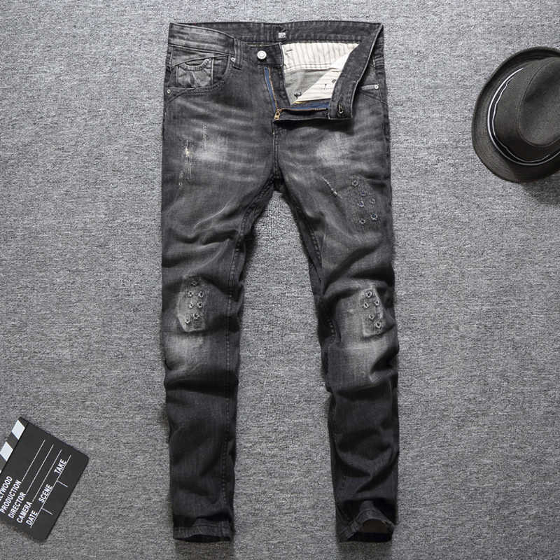 

Ly Designer Fashion Men Jeans Retro Black Gray Slim Fit Ripped for High Quality Patchwork Hip Hop Punk Denim Pants A9LT