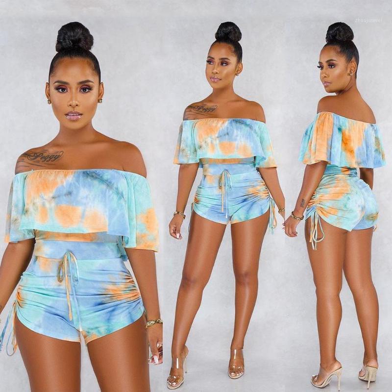 

Europe And America Summer Sexy Hollow Strapless Camouflage Printed Ruffled Shorts Jumpsuit Lace Up Women' Jumpsuits & Rompers, Sky blue