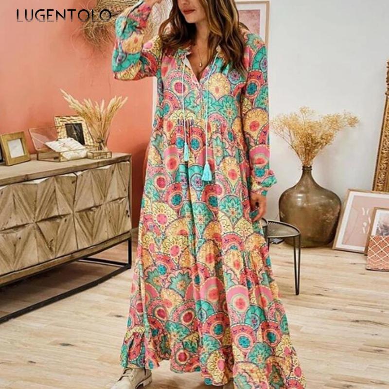 

Casual Dresses Lugentolo Bohemian Dress Women Summer Long Sleeve Big Swing Print V-Neck Loose Fashion Womens, Photo color