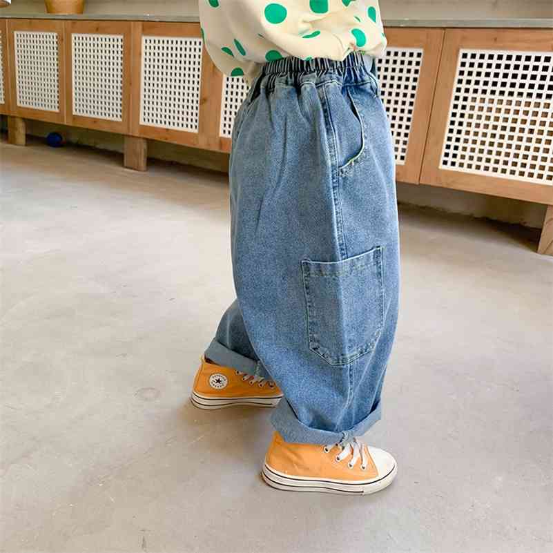 

Boys loose wide leg casual denim pants Autumn girls oversized all-match jeans 210708, Blue