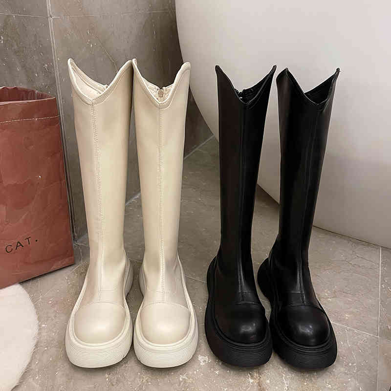 

Boots Chunky snow leather plutonium mujer motorcycle boots gothic gladiator Low heel knee height women's fashion winter shoes 8845, Beige
