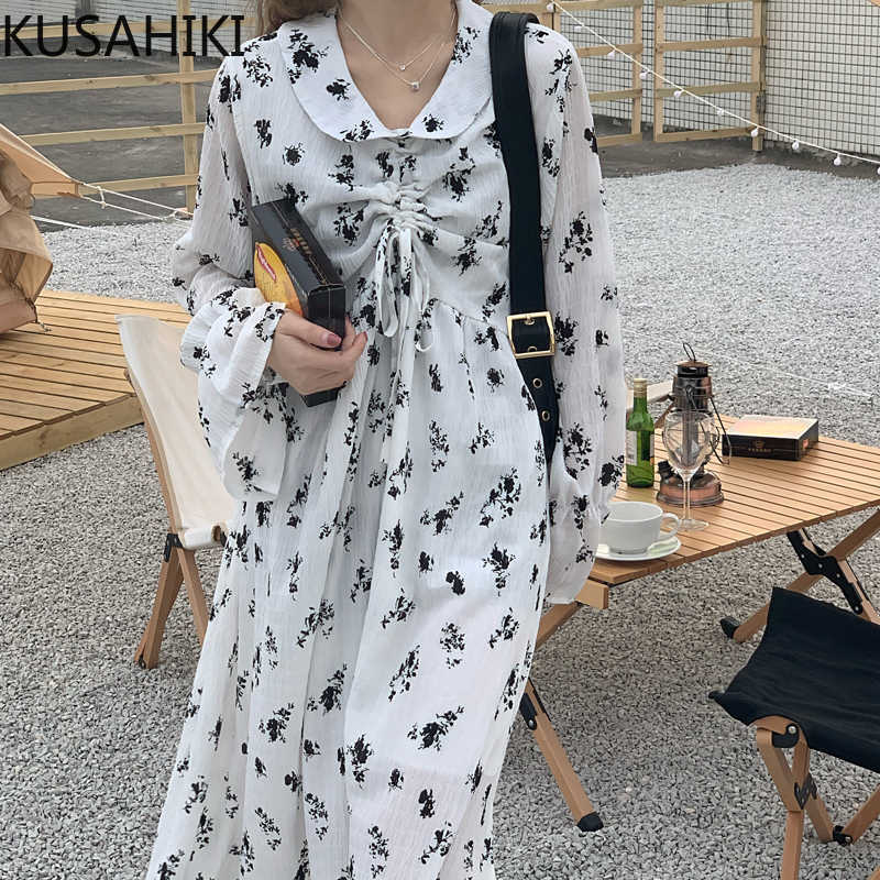 

KUSAHIKI Korean Floral Women Dress Drawstring A-line Mid-calf Vestidos Spring Flare Sleeve Peter Pan Collar Dresses 6F258 210602, Photo color