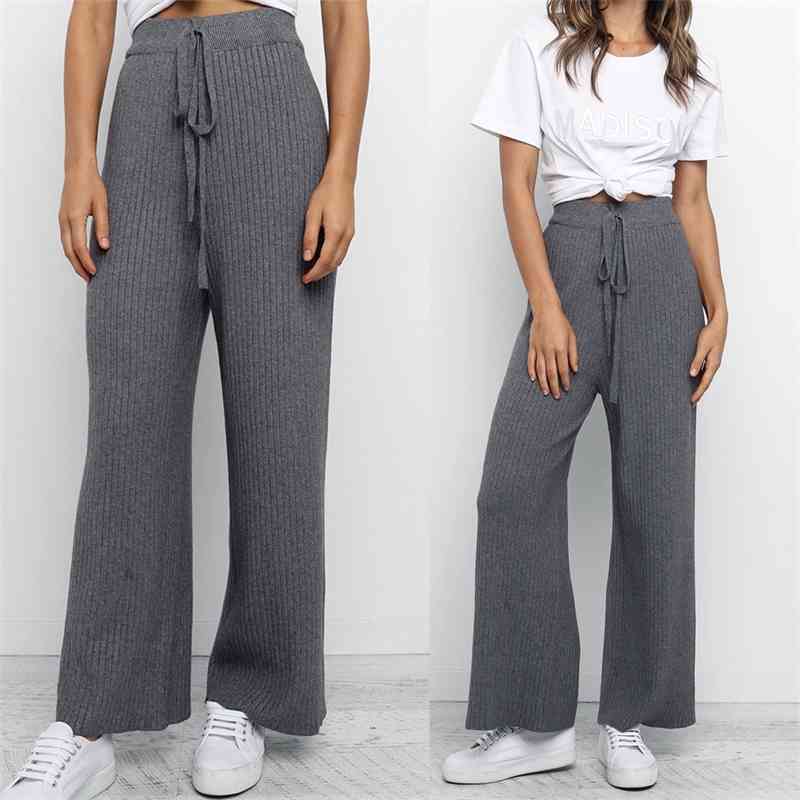 

Women Wide Leg Pants Summer Solid Casual High Waist Drawstring Long Trousers Loose Knitted Straight Ladies 210526, Gray