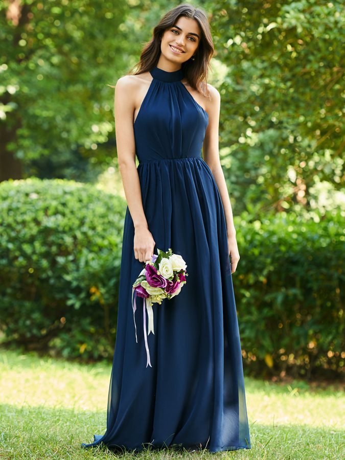 

2021 New Navy Blue Es Halter Bowknot Long Backless Bridesmaid Chiffon Pageant Vestidos De Festa 5ms7