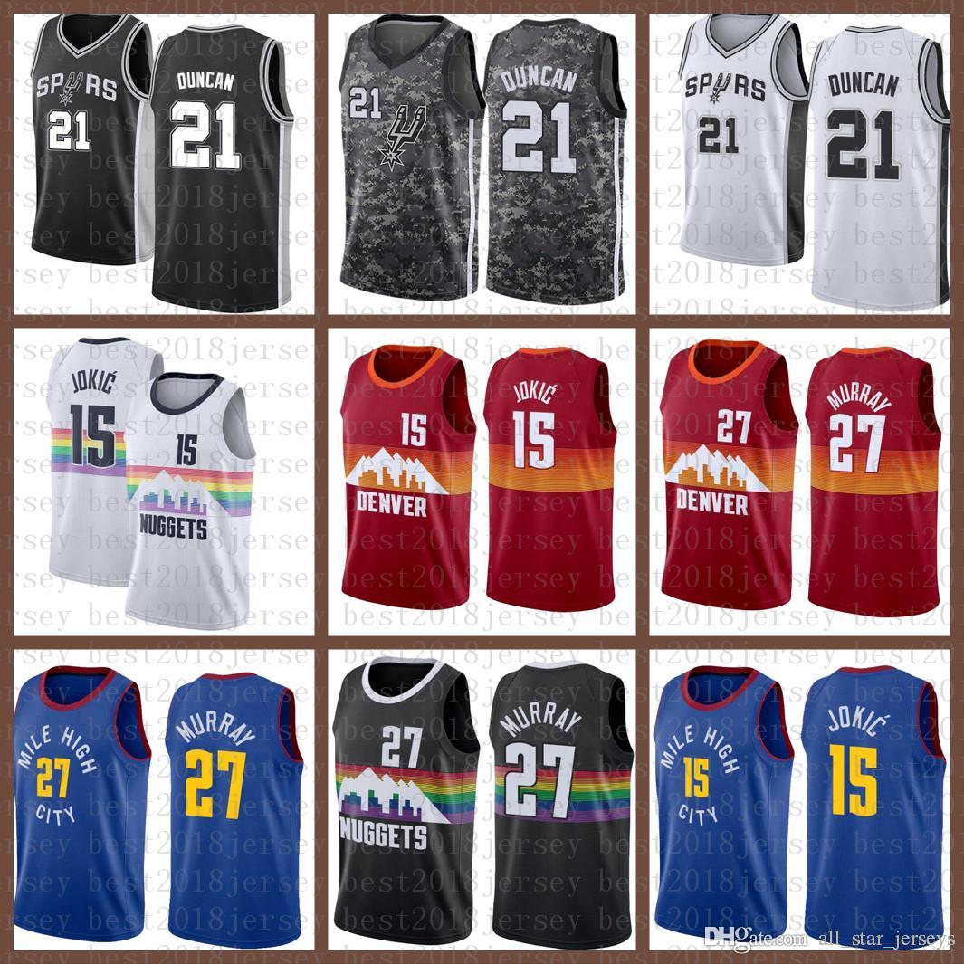 

2021 New Basketball Jersey men Denver Nuggets San Mens Antonio Spurs Nikola Jamal 27 Murray 15 Jokic Tim 21 Duncan Army Green, Black;red