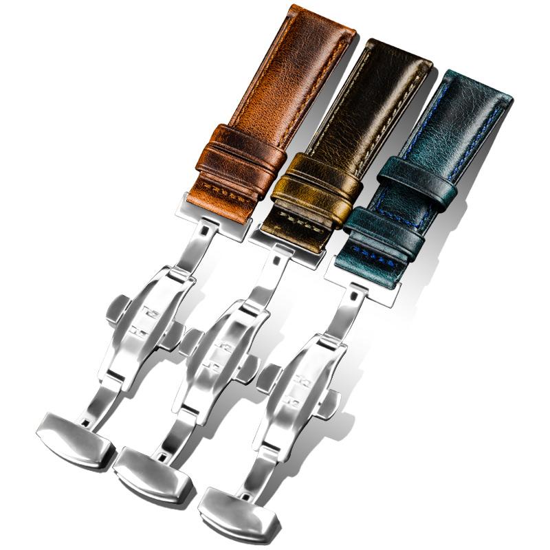 

Watch Bands Handmade Men Oil Wax Leather Strap 20 22MM Butterfly Fold-over Clasp Adaptation Cow