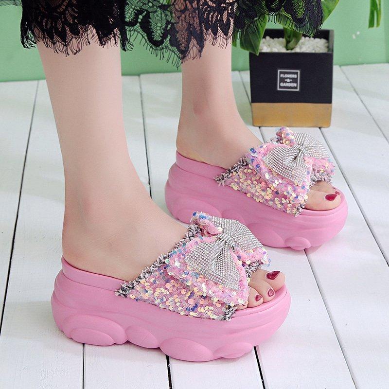 

Slippers European And American Fashion Sweet Sequined Bowknot Wedges With Thick-Soled Elegant Ladies Summer Outer Wear., Black