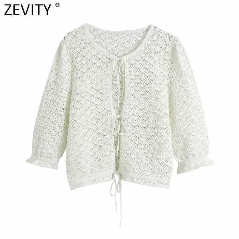 

Zevity Women Fashion Hollow Out Crochet Short Knitting Sweater Female Puff Sleeve Ruffles Lace Up Chic Cardigans Crop Tops S841 210603, As pic s841bb