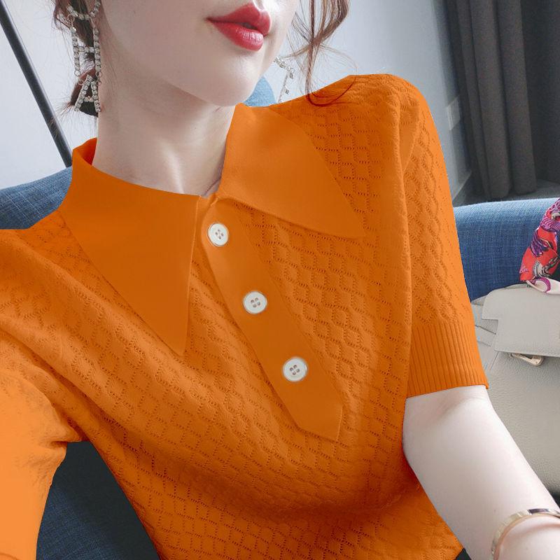 

Women's T-Shirt 2021 Ice Silk Knitted Short Sleeve Summer Loose Large Size Backing Shirt Students Korean Collar Jacket, Sky blue
