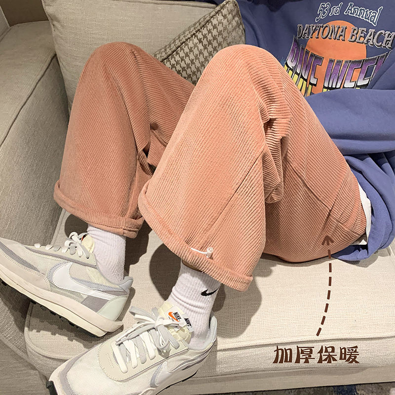 

New 2021 Winter Men's Loose Corduroy Fabric Trousers Straight Streetwear Cargo Baggy Casual Pants Hip Hop Jogger Sweatpants Xfif, White