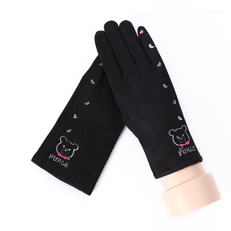 

Five Fingers Gloves Winter Female Plush Wrist Warm Cashmere Sport Cycling Mittens Women Bear Rhinestone Suede Leather Touch Screen Driving G