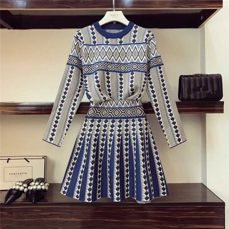 

Women Knitted 2-piece Sets Casual Jacquard Geometric Pattern Sweater Jumpers A-line Skirt Sets Fall Winter Blue Black Gray